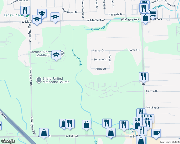 map of restaurants, bars, coffee shops, grocery stores, and more near 1245 Anzio Ln in Flint