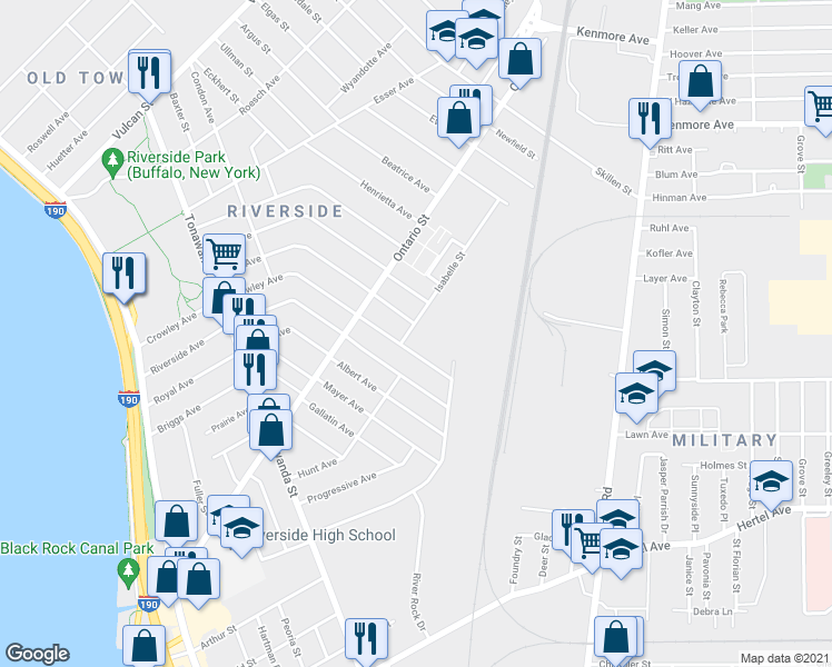 map of restaurants, bars, coffee shops, grocery stores, and more near 308 Crowley Avenue in Buffalo