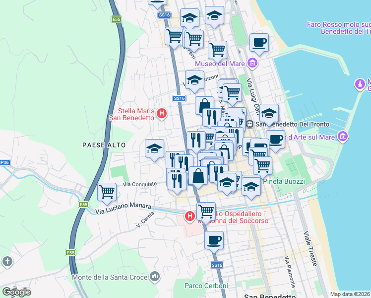 map of restaurants, bars, coffee shops, grocery stores, and more near 93 Corso Giuseppe Mazzini in San Benedetto del Tronto