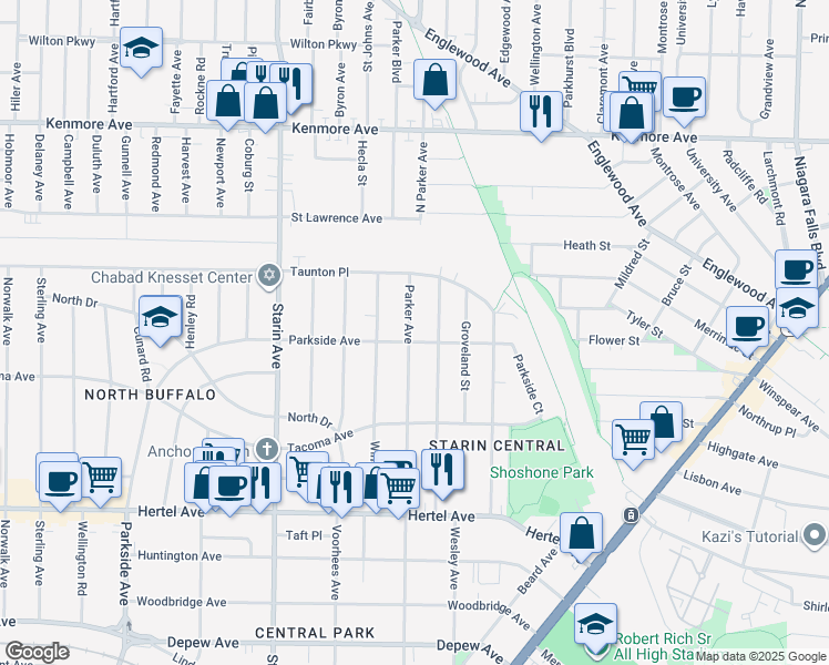map of restaurants, bars, coffee shops, grocery stores, and more near 1068 Parkside Avenue in Buffalo