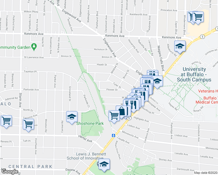 map of restaurants, bars, coffee shops, grocery stores, and more near 65 Flower Street in Buffalo