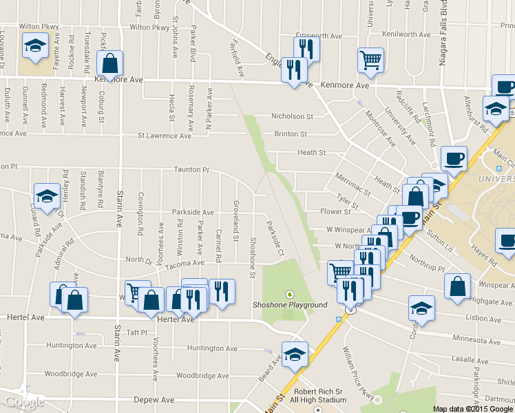 map of restaurants, bars, coffee shops, grocery stores, and more near 167 Shoshone Street in Buffalo