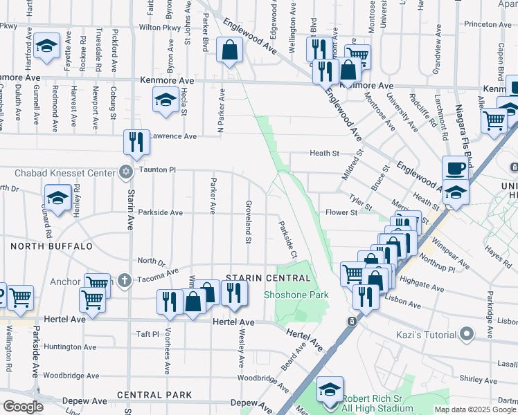 map of restaurants, bars, coffee shops, grocery stores, and more near 167 Shoshone Street in Buffalo