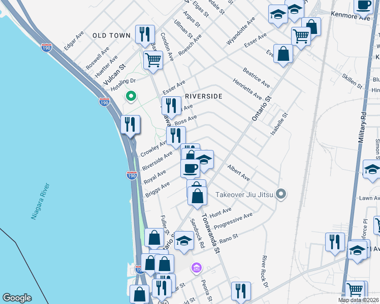 map of restaurants, bars, coffee shops, grocery stores, and more near 132 Royal Avenue in Buffalo