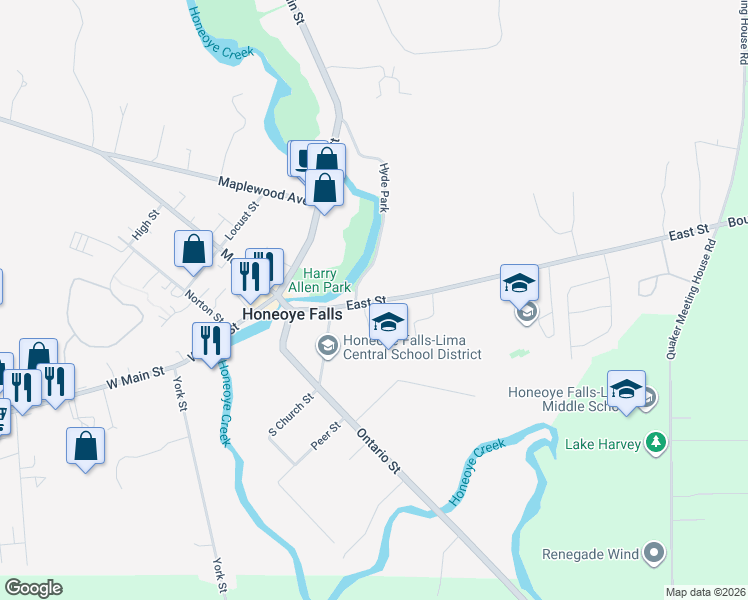map of restaurants, bars, coffee shops, grocery stores, and more near 158 County Road 243 in Honeoye Falls