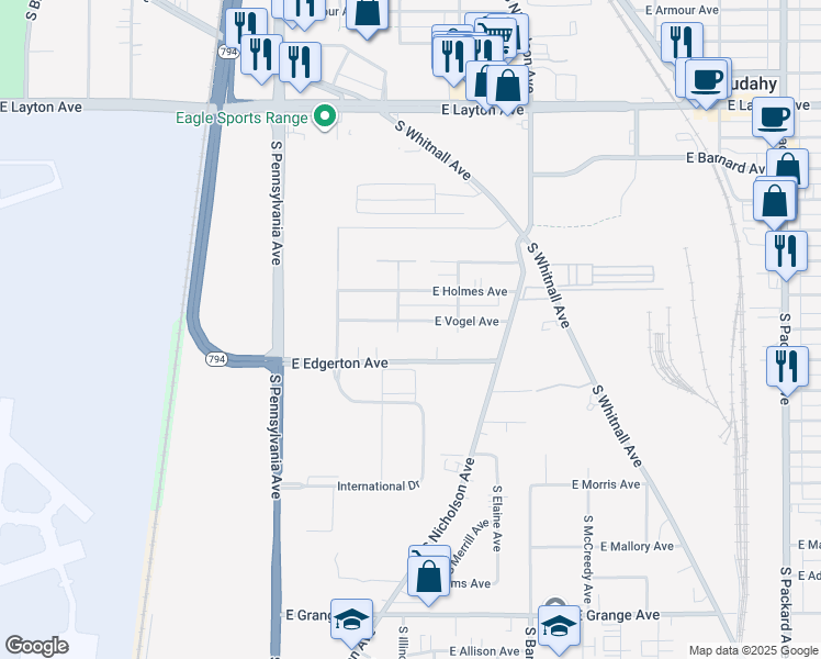 map of restaurants, bars, coffee shops, grocery stores, and more near 2813 East Vogel Avenue in Cudahy