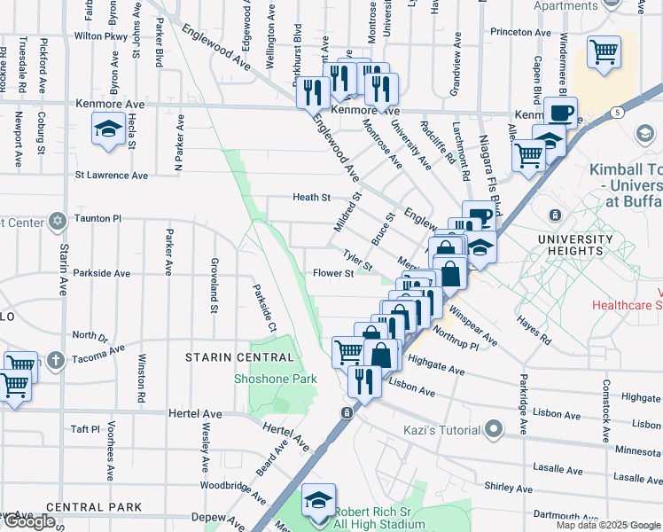 map of restaurants, bars, coffee shops, grocery stores, and more near 65 Flower Street in Buffalo