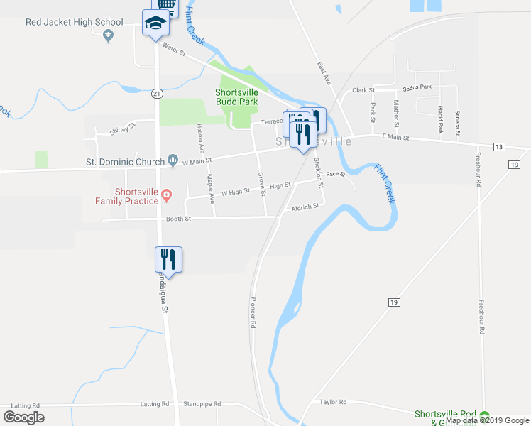 map of restaurants, bars, coffee shops, grocery stores, and more near 30 Grove Street in Shortsville