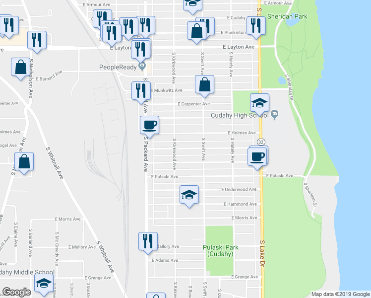 map of restaurants, bars, coffee shops, grocery stores, and more near 3731 E Martin Ave in Cudahy
