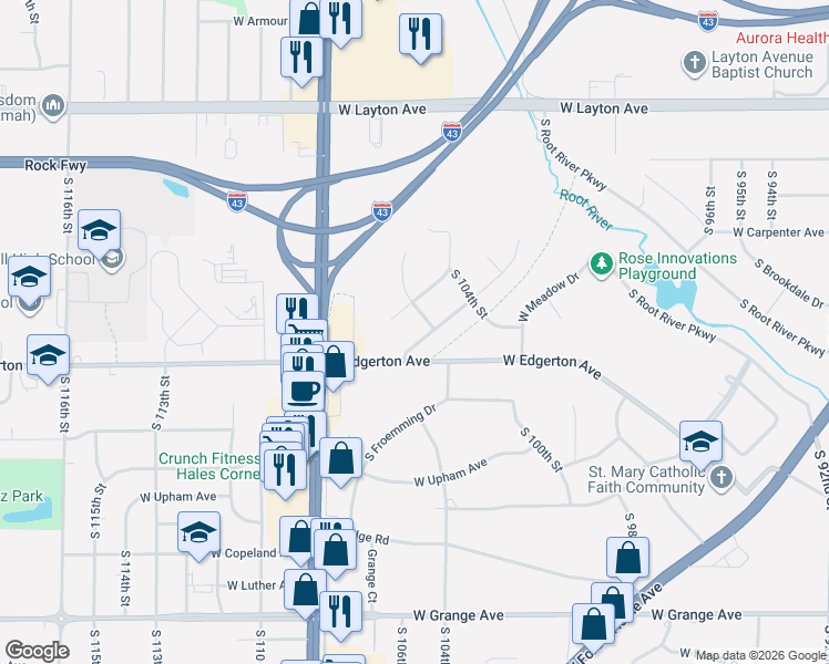 map of restaurants, bars, coffee shops, grocery stores, and more near 10511 West Spring Green Road in Greenfield
