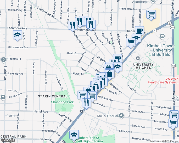 map of restaurants, bars, coffee shops, grocery stores, and more near 63 Tyler Street in Buffalo