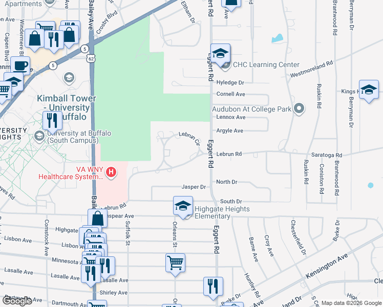 map of restaurants, bars, coffee shops, grocery stores, and more near 300 Lebrun Road in Buffalo