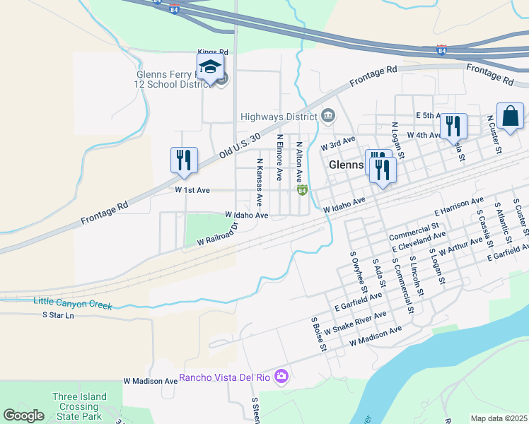 map of restaurants, bars, coffee shops, grocery stores, and more near 54 North Kansas Avenue in Glenns Ferry