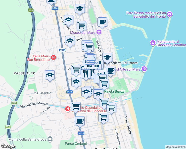 map of restaurants, bars, coffee shops, grocery stores, and more near 11 Via Raffaello Sanzio in San Benedetto del Tronto