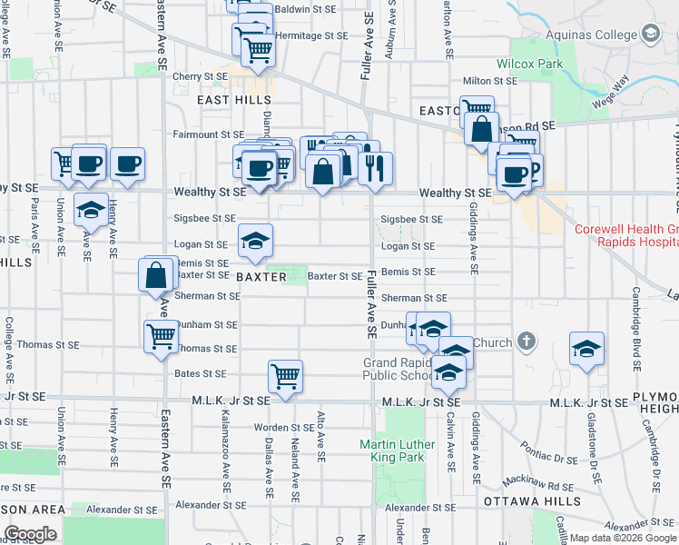 map of restaurants, bars, coffee shops, grocery stores, and more near 1120 Baxter Street Southeast in Grand Rapids