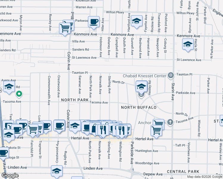 map of restaurants, bars, coffee shops, grocery stores, and more near 278 Sterling Avenue in Buffalo