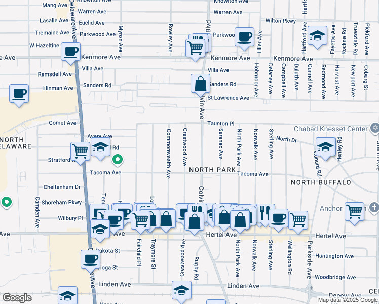 map of restaurants, bars, coffee shops, grocery stores, and more near 422 Colvin Avenue in Buffalo