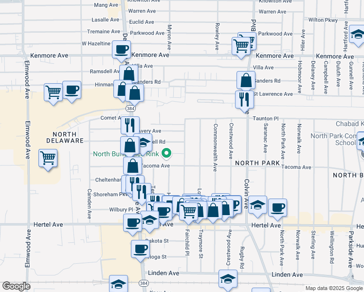 map of restaurants, bars, coffee shops, grocery stores, and more near 169 Virgil Avenue in Buffalo