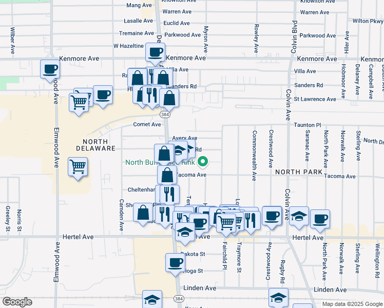 map of restaurants, bars, coffee shops, grocery stores, and more near 140 Tacoma Avenue in Buffalo