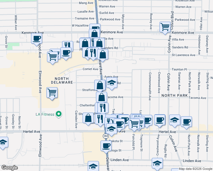 map of restaurants, bars, coffee shops, grocery stores, and more near 2515 Delaware Avenue in Buffalo