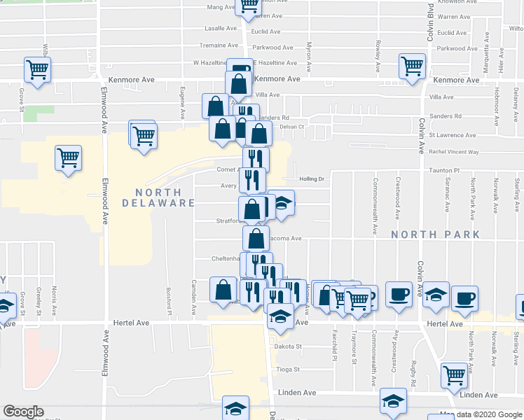 map of restaurants, bars, coffee shops, grocery stores, and more near 2515 Delaware Avenue in Buffalo