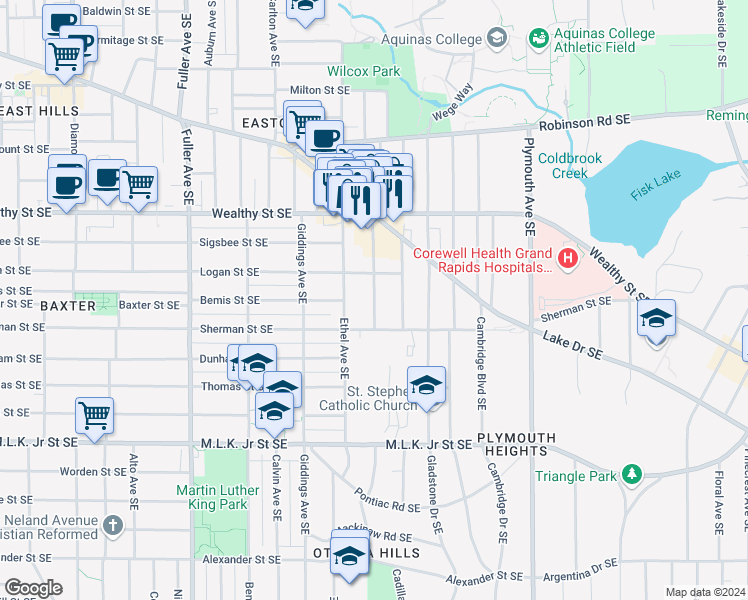 map of restaurants, bars, coffee shops, grocery stores, and more near 539 Norwood Avenue Southeast in Grand Rapids
