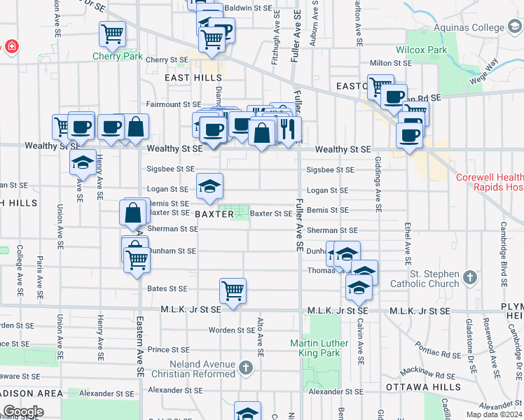 map of restaurants, bars, coffee shops, grocery stores, and more near 1052 Baxter Street Southeast in Grand Rapids