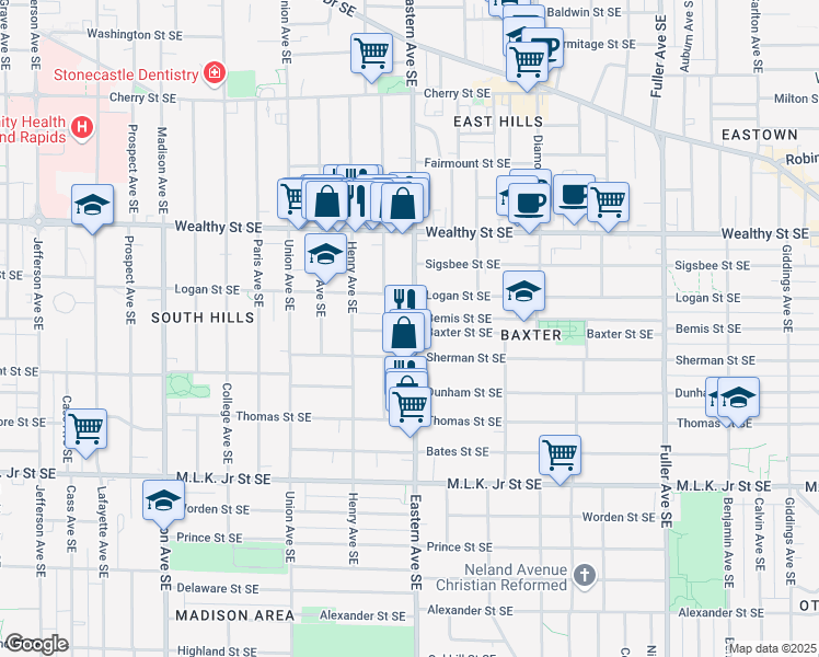 map of restaurants, bars, coffee shops, grocery stores, and more near 740 Baxter Street Southeast in Grand Rapids