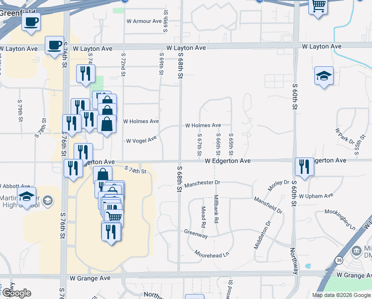map of restaurants, bars, coffee shops, grocery stores, and more near 5089 South 67th Street in Greenfield