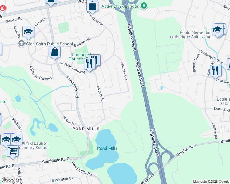 map of restaurants, bars, coffee shops, grocery stores, and more near 222 Worthington Avenue in London