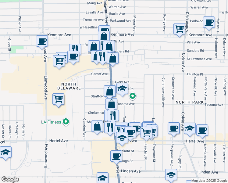 map of restaurants, bars, coffee shops, grocery stores, and more near 2515 Delaware Avenue in Buffalo