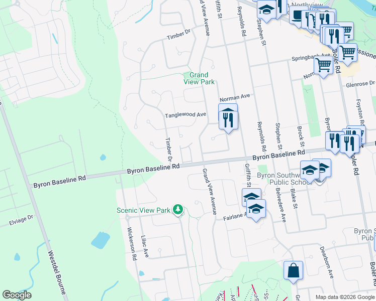 map of restaurants, bars, coffee shops, grocery stores, and more near 1499 Byron Baseline Road in London