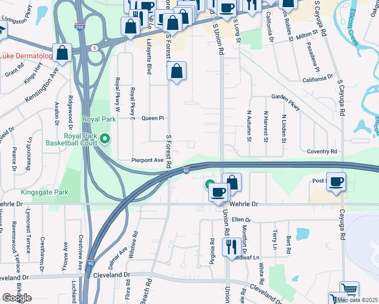 map of restaurants, bars, coffee shops, grocery stores, and more near 65 Williamsburg Square in Buffalo