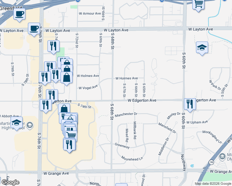 map of restaurants, bars, coffee shops, grocery stores, and more near 5089 South 67th Street in Greenfield