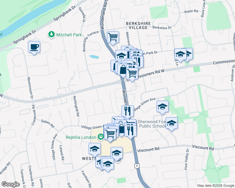 map of restaurants, bars, coffee shops, grocery stores, and more near 685 Wonderland Road South in London
