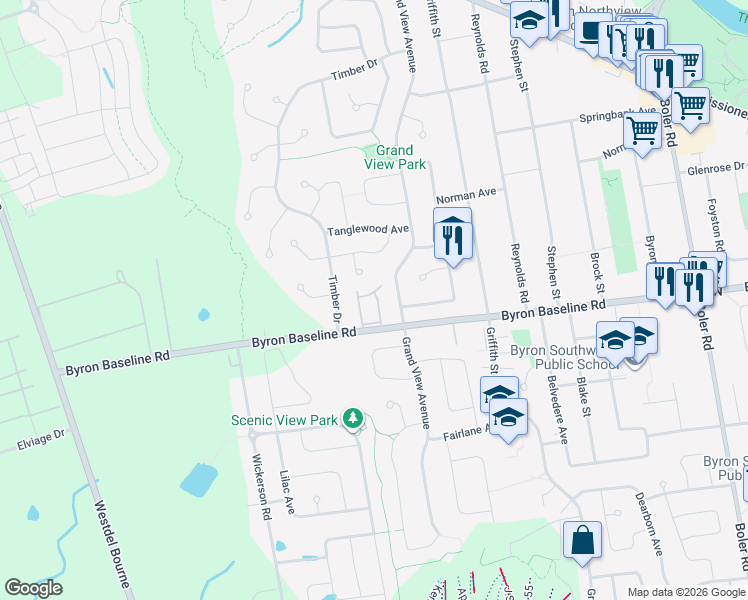 map of restaurants, bars, coffee shops, grocery stores, and more near 1499 Byron Baseline Road in London