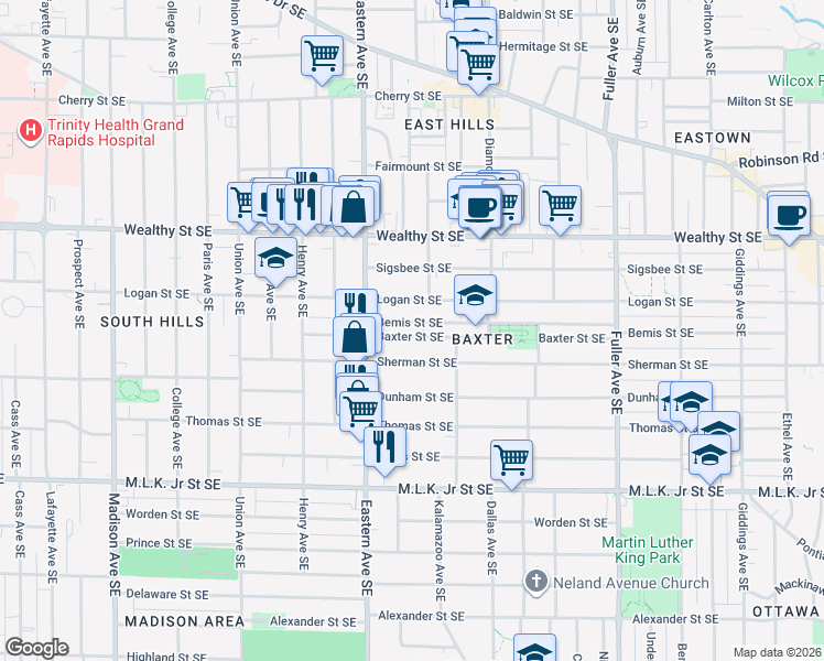map of restaurants, bars, coffee shops, grocery stores, and more near 843 Baxter Street Southeast in Grand Rapids