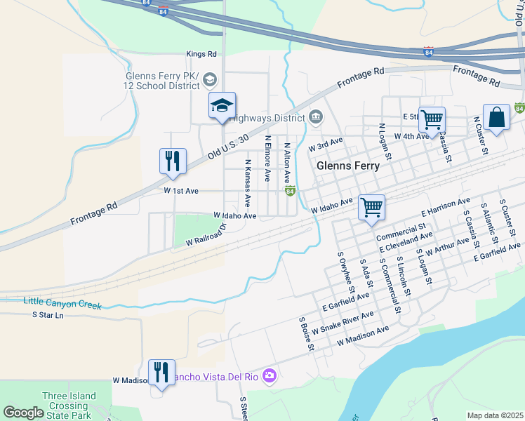 map of restaurants, bars, coffee shops, grocery stores, and more near 54 North Kansas Avenue in Glenns Ferry
