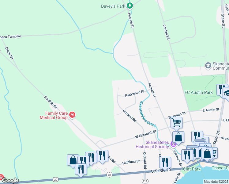 map of restaurants, bars, coffee shops, grocery stores, and more near 127 Orchard Road in Skaneateles