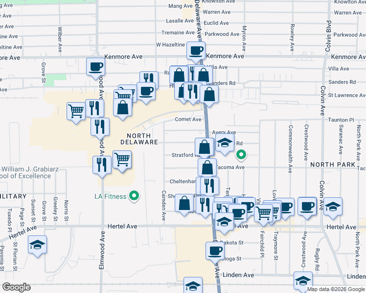 map of restaurants, bars, coffee shops, grocery stores, and more near 167 Stratford Road in Buffalo