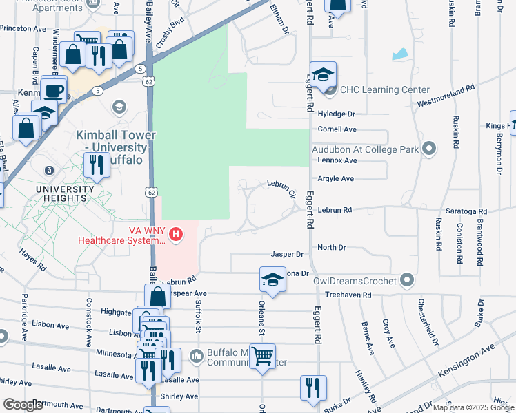 map of restaurants, bars, coffee shops, grocery stores, and more near 134 Lebrun Circle in Buffalo