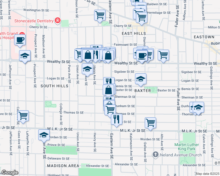 map of restaurants, bars, coffee shops, grocery stores, and more near 525 Eastern Avenue Southeast in Grand Rapids
