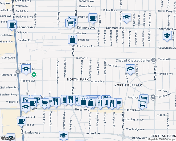 map of restaurants, bars, coffee shops, grocery stores, and more near 290 North Park Avenue in Buffalo