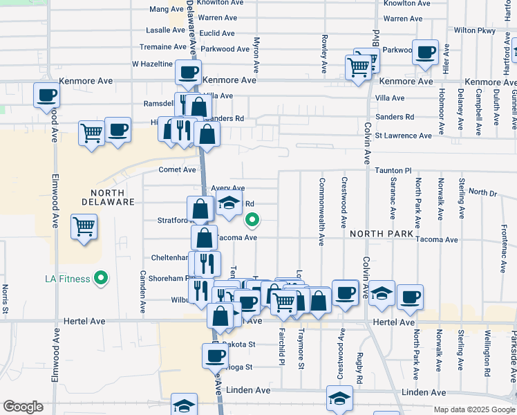 map of restaurants, bars, coffee shops, grocery stores, and more near 23 Stratford Road in Buffalo