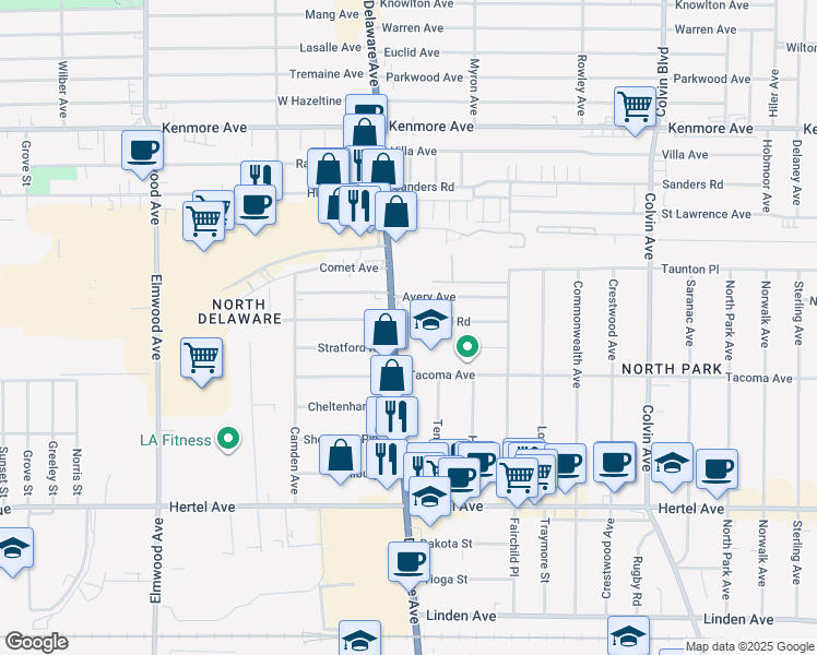 map of restaurants, bars, coffee shops, grocery stores, and more near 2515 Delaware Avenue in Buffalo