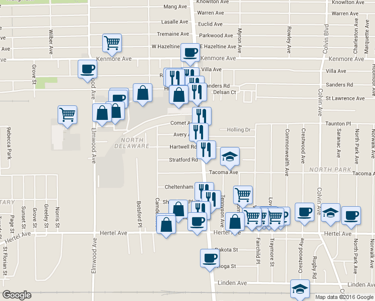 map of restaurants, bars, coffee shops, grocery stores, and more near 125 Stratford Road in Buffalo