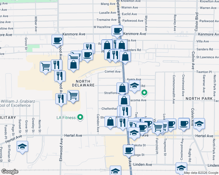 map of restaurants, bars, coffee shops, grocery stores, and more near 167 Stratford Road in Buffalo