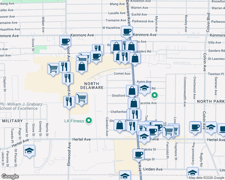 map of restaurants, bars, coffee shops, grocery stores, and more near 167 Stratford Road in Buffalo