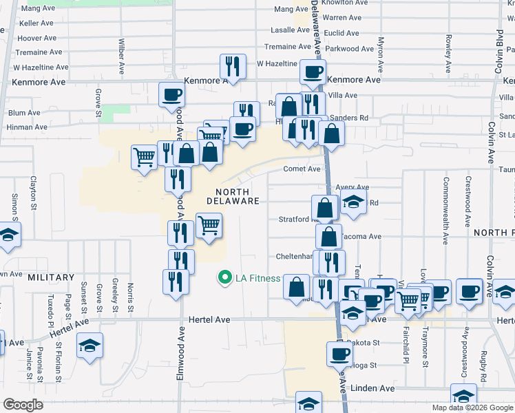 map of restaurants, bars, coffee shops, grocery stores, and more near 172 Camden Avenue in Buffalo