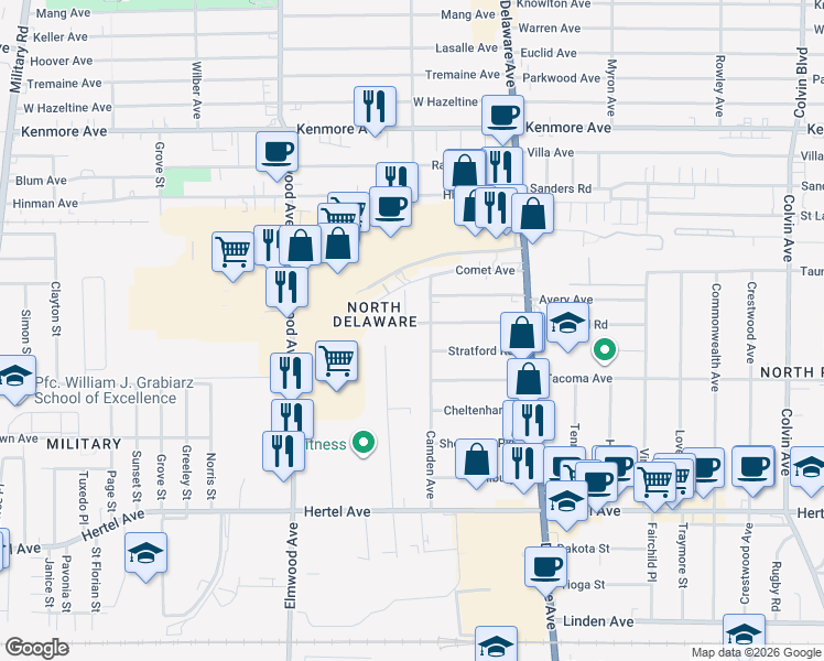 map of restaurants, bars, coffee shops, grocery stores, and more near 172 Camden Avenue in Buffalo